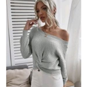 Shein Gray Twist Front Boat Neck Sweater